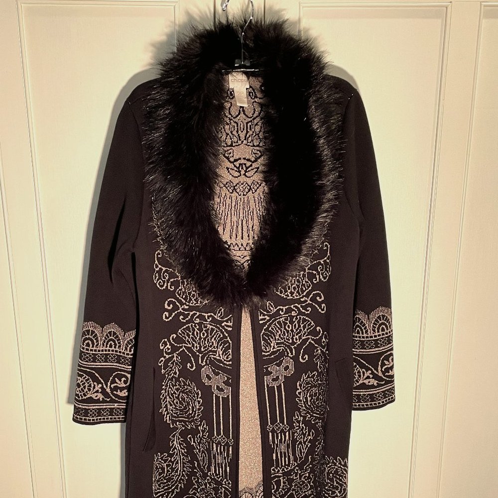 Chico's long  Gold/Black Sweater Jacket with removable Fake fur collar.